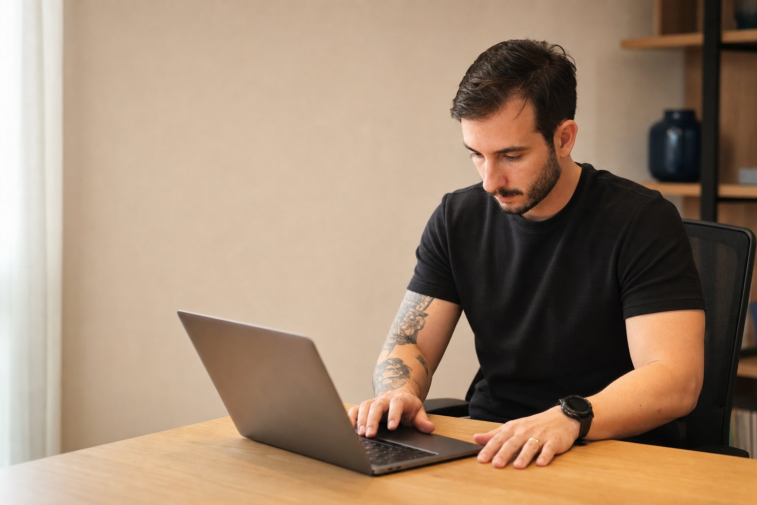 Victor Martinez, de camiseta preta, trabalhando no MacBook sobre uma mesa de madeira